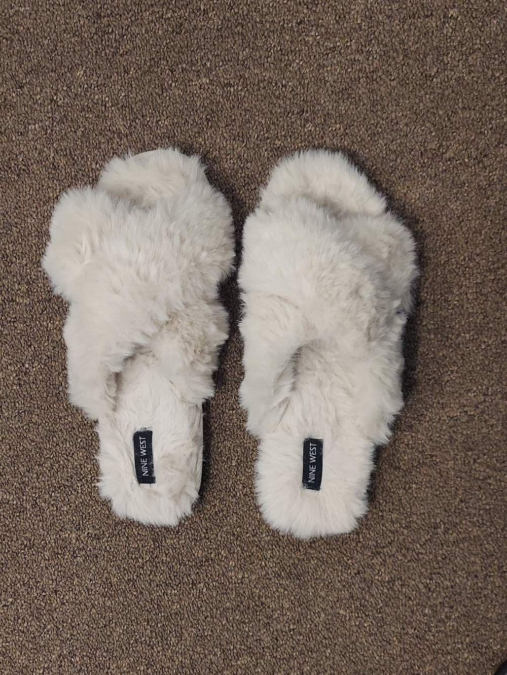 Womans Nine West Plush Cream Cross-Band Slide Slippers Size XL